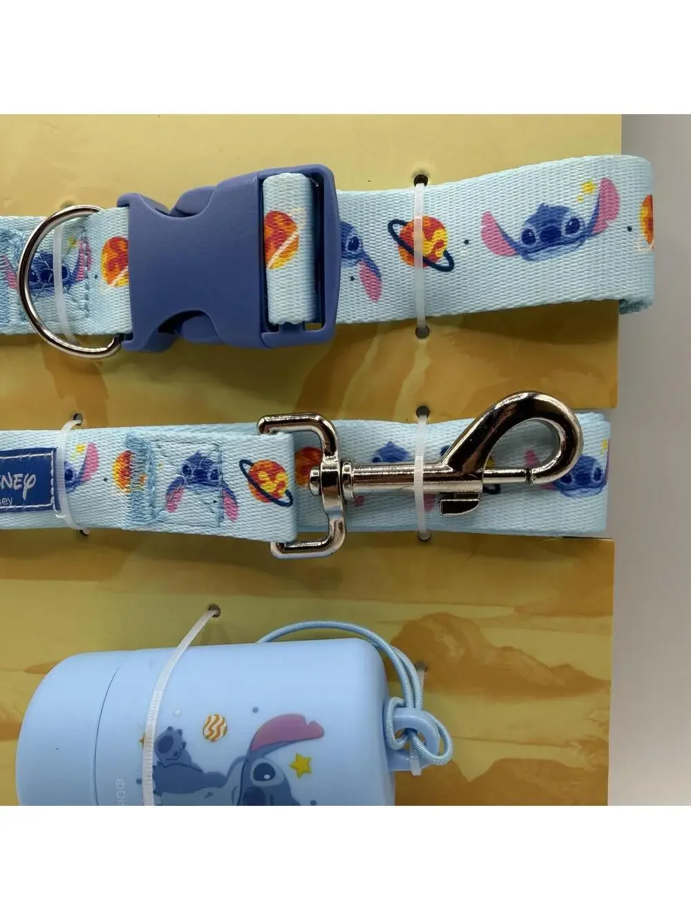 Disney Stitch Dog Leash Plastic Clip Collar and Waste Bag Dispenser Set Blue Lrg